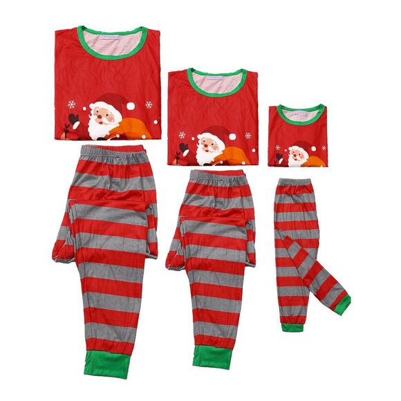 Child's Christmas 2pcs Pajama Set Striped Snowman Long Sleeve Sleepwear Red - Picture 3 of 4